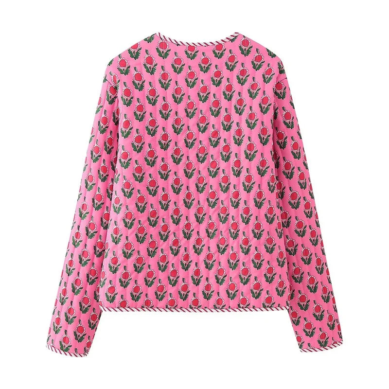 Beberino Sweet Flower Print Quilted Crop Jacket Woman's Outerwear