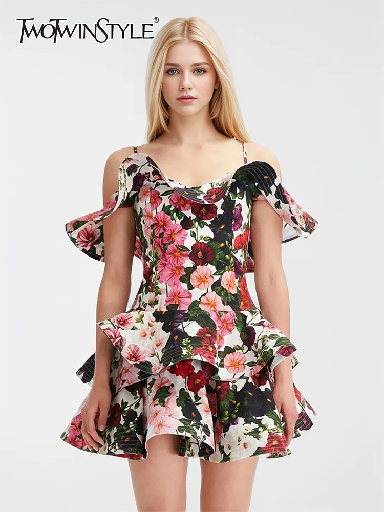 Beberino Floral Mini Dress with Ruffles & High Waist Square Collar - Women's Fashion