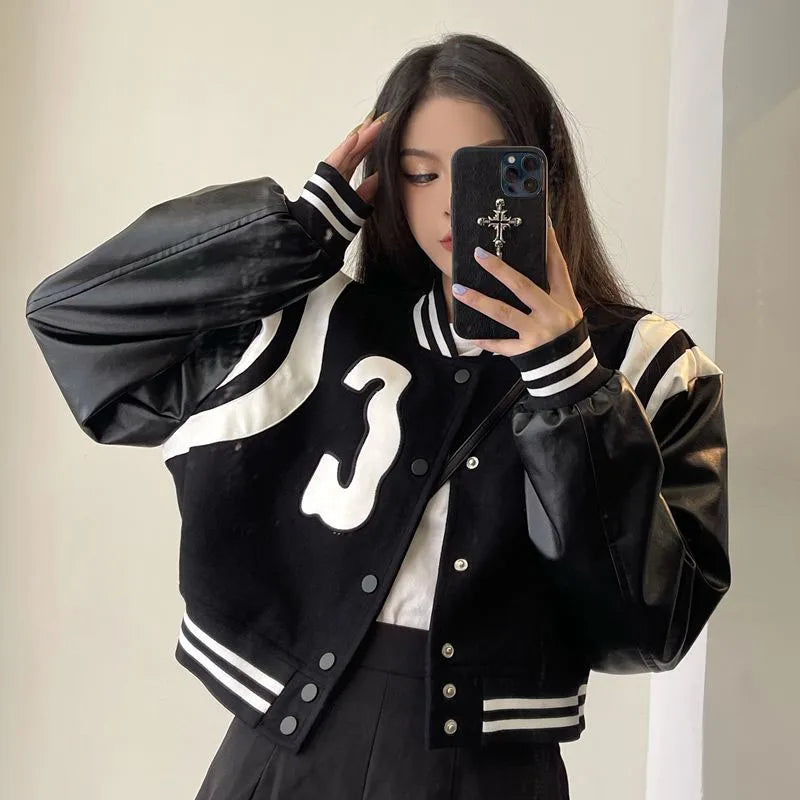 Beberino Black Baseball Jacket: Stylish Cropped Bomber for Women Streetwear Fashion