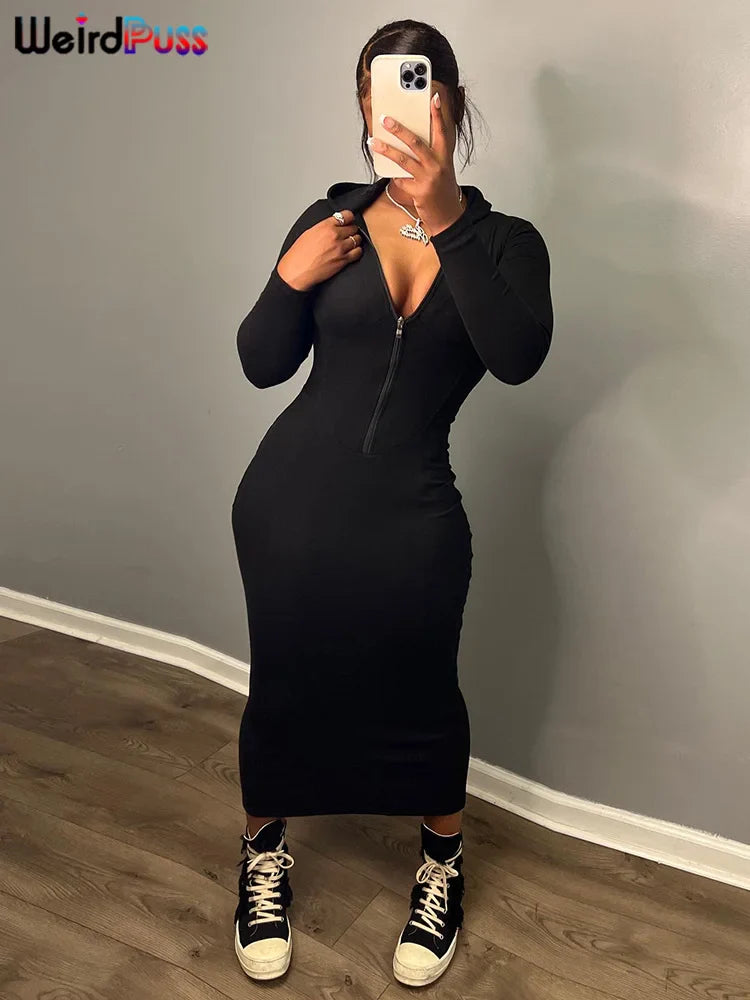 Beberino Weird Puss Hooded Maxi Dress: Stylish Zip Bodycon Streetwear for Women