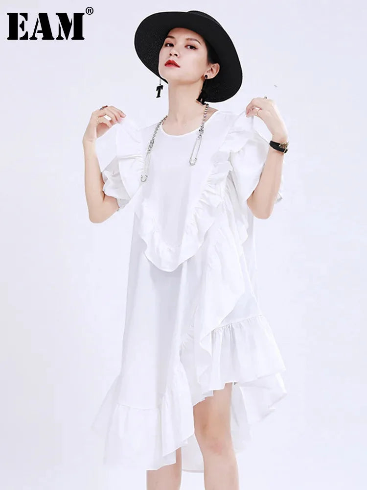 Beberino White Ruffles Split Dress - Short Sleeve Loose Fit Fashion Tide