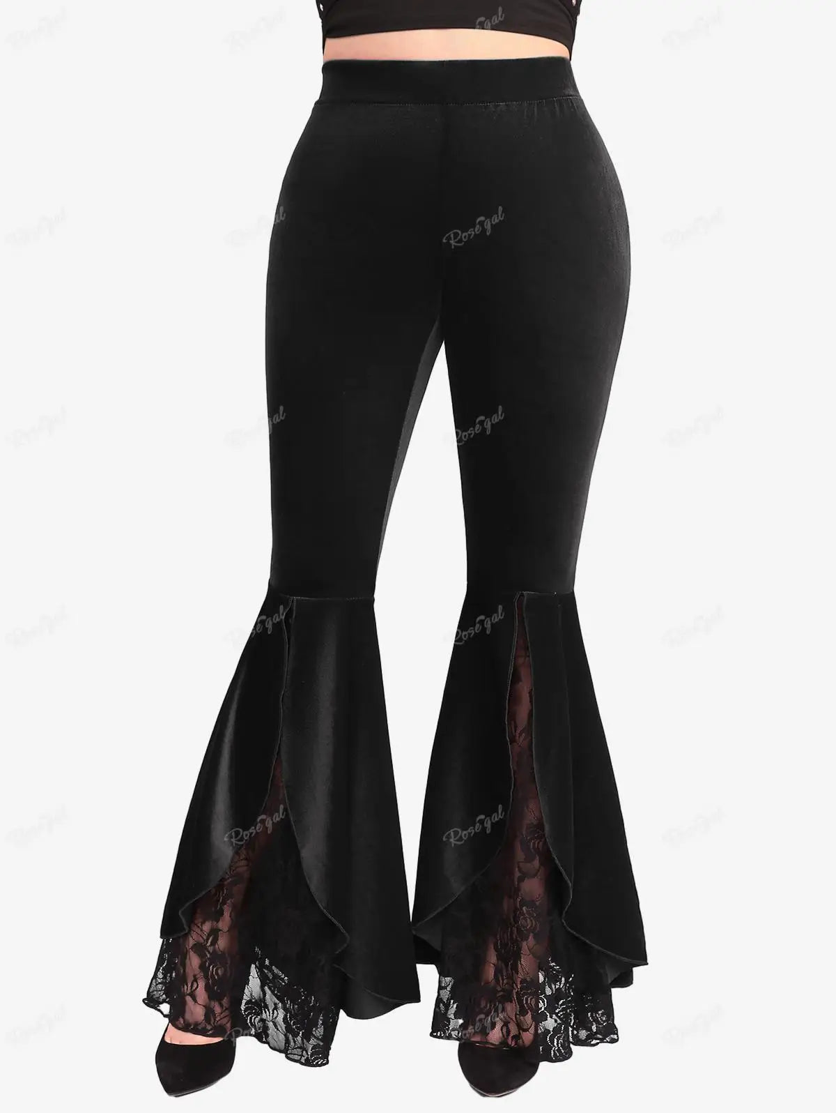 Beberino Flower Lace Split Flare Pants Black Streetwear Elastic Waist 4XL