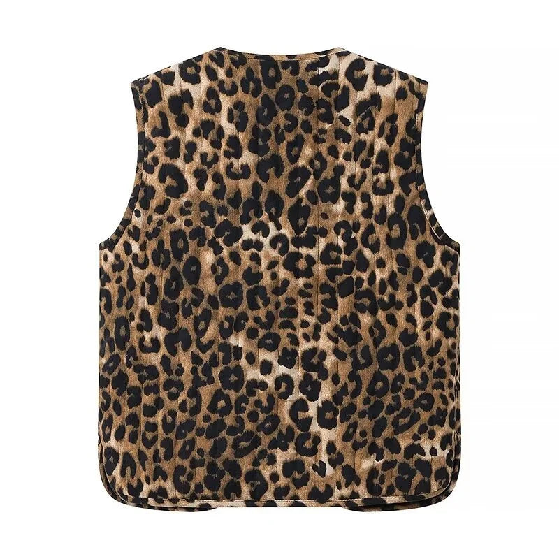 Beberino Corduroy Leopard Vest Sleeveless Padded Jacket Waistcoat Retro Style Bow-Lace Up