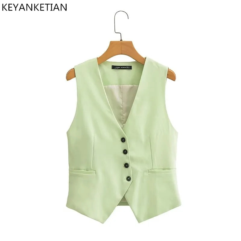 Beberino Light Green Deep V-Neck Slim Vest Women's Casual Asymmetrical Sleeveless Top