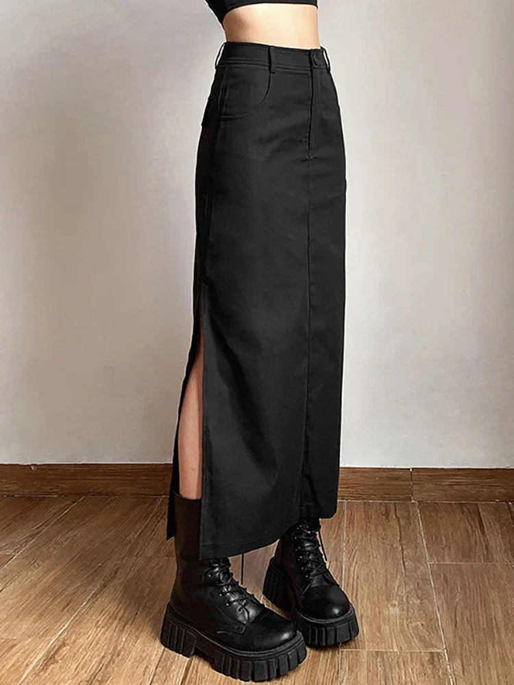 Beberino High-Rise Split Midi Skirt - Gothic Punk Streetwear Fashion