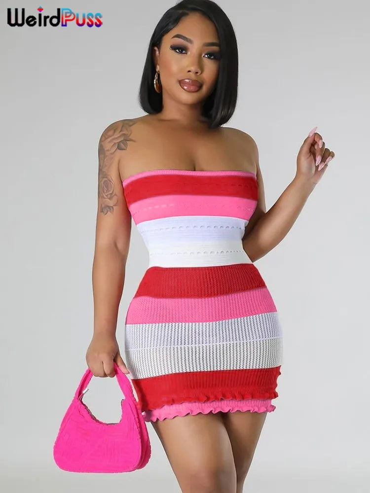 Beberino Striped Ruffles Tube Dress: Stylish Knit Bodycon for Summer Vacation & Clubwear