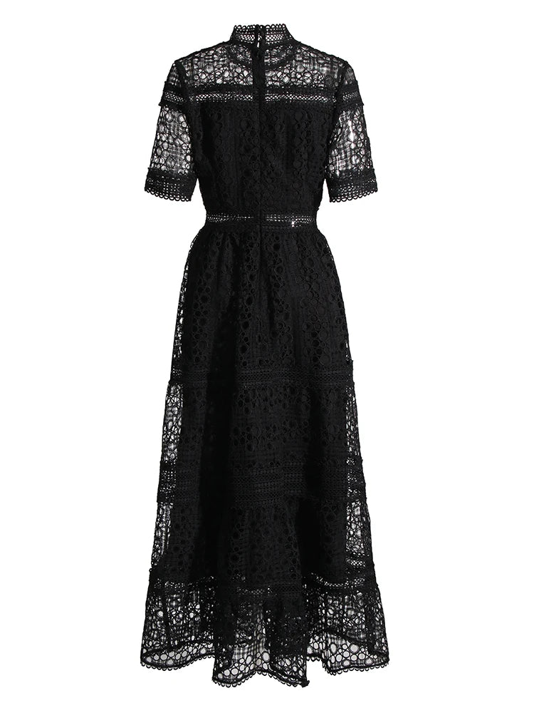 Beberino Embroidered Stand Collar Dress - Vintage Lace Panel Cut Out Elegant Dress