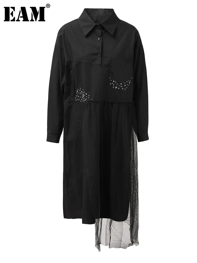 Beberino Black Mesh Letter Printed Shirt Dress Long Sleeve Spring Autumn Fashion