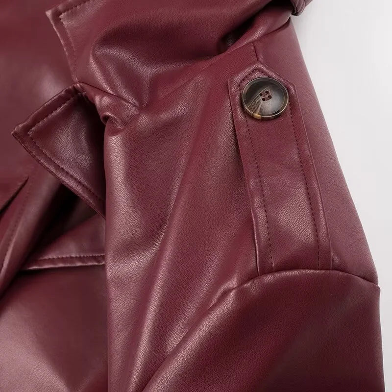 Beberino 2024 Burgundy Faux Leather Coat with Belt Pockets - Retro Fashion Women's Outerwear