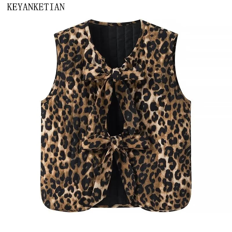 Beberino Corduroy Leopard Vest Sleeveless Padded Jacket Waistcoat Retro Style Bow-Lace Up