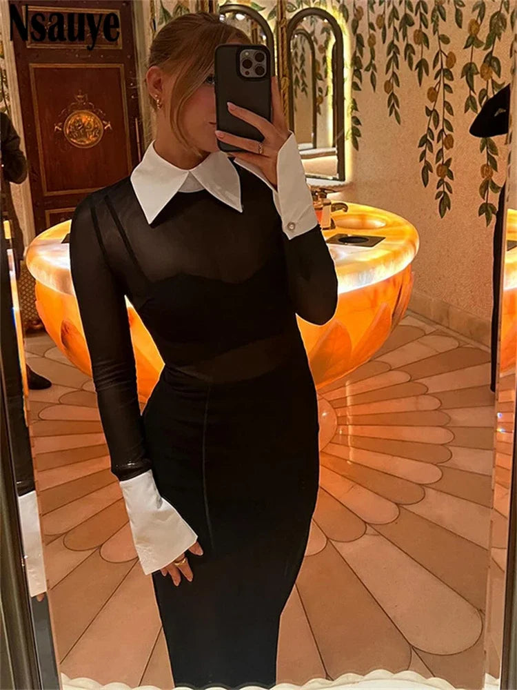 Beberino Mesh Black Long Sleeve Maxi Bodycon Evening Dress