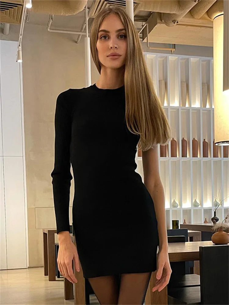 Beberino One Shoulder Asymmetrical Black Bodycon Mini Dress Vintage Long Sleeve Solid Hollow Out