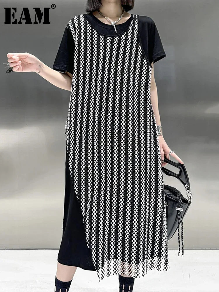 Beberino Black Mesh Casual Midi Dress Round Neck Short Sleeve Fashion Trend 2024