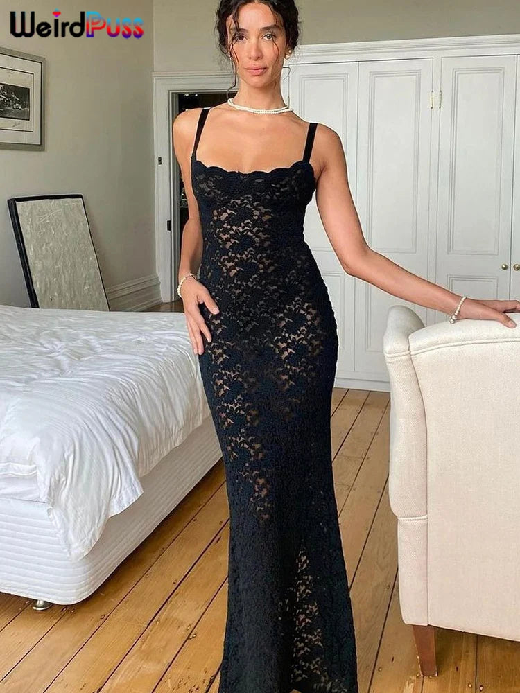 Beberino Black Lace Maxi Dress - Sexy Sleeveless Bodycon Nightclub Party Dress