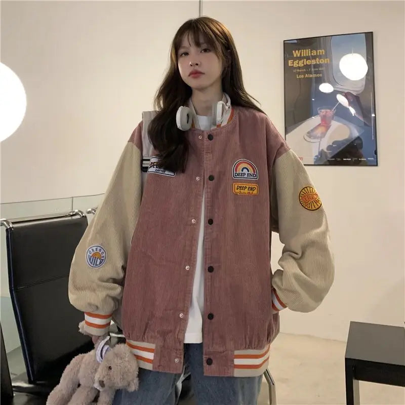 Beberino Corduroy Oversize Jacket: Retro Patchwork Baseball Uniform for Women