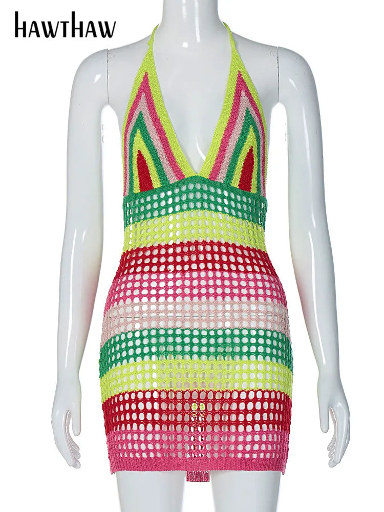 Beberino Sexy V Neck Knitted Mini Dress for 2023 Summer Vacation