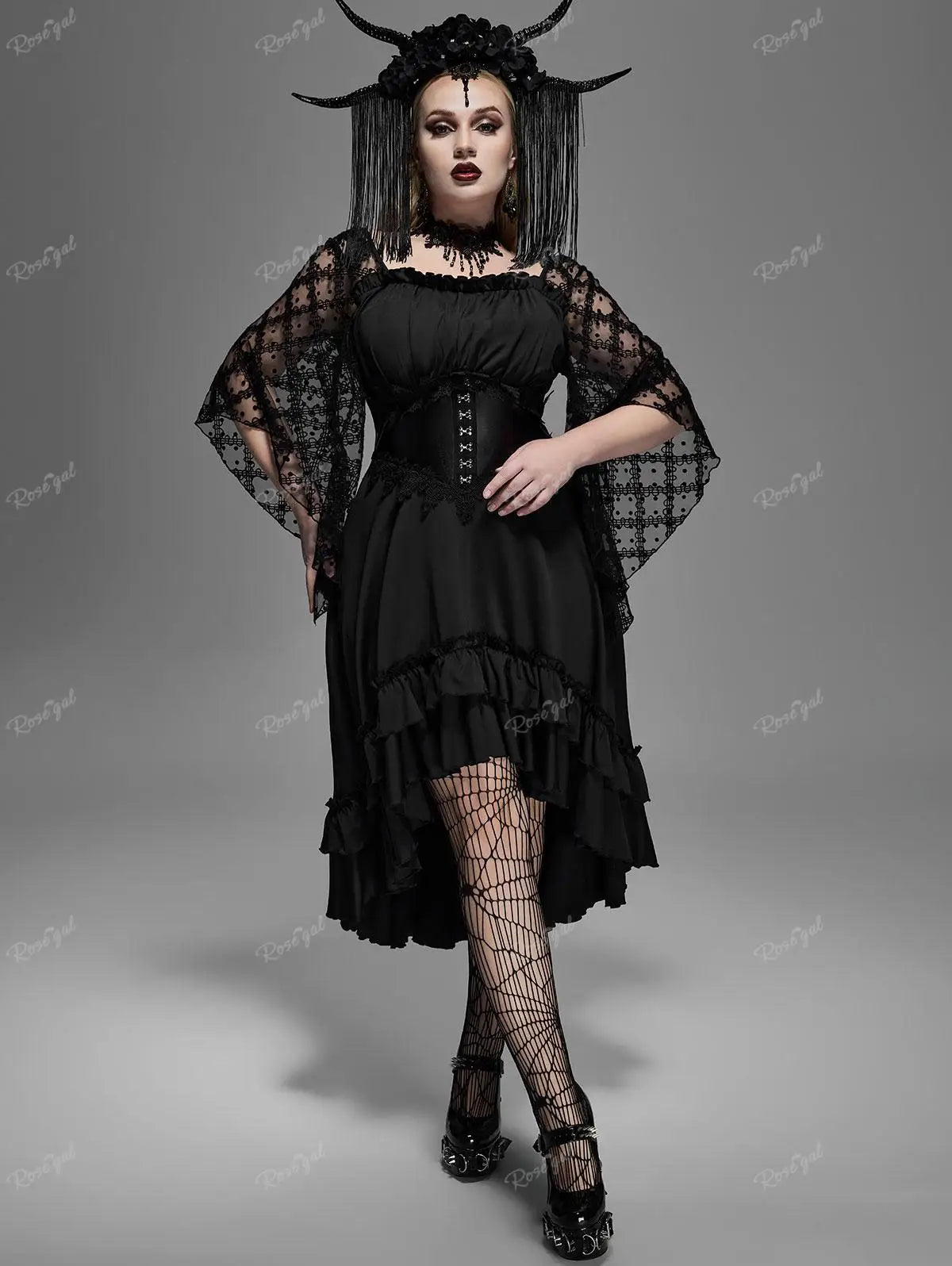 Beberino Gothic Lace Panel High Low Dress with Ruched Detail and Butterfly Sleeves