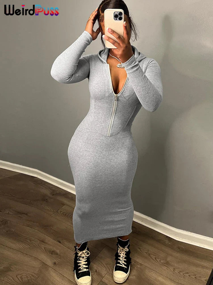 Beberino Weird Puss Hooded Maxi Dress: Stylish Zip Bodycon Streetwear for Women