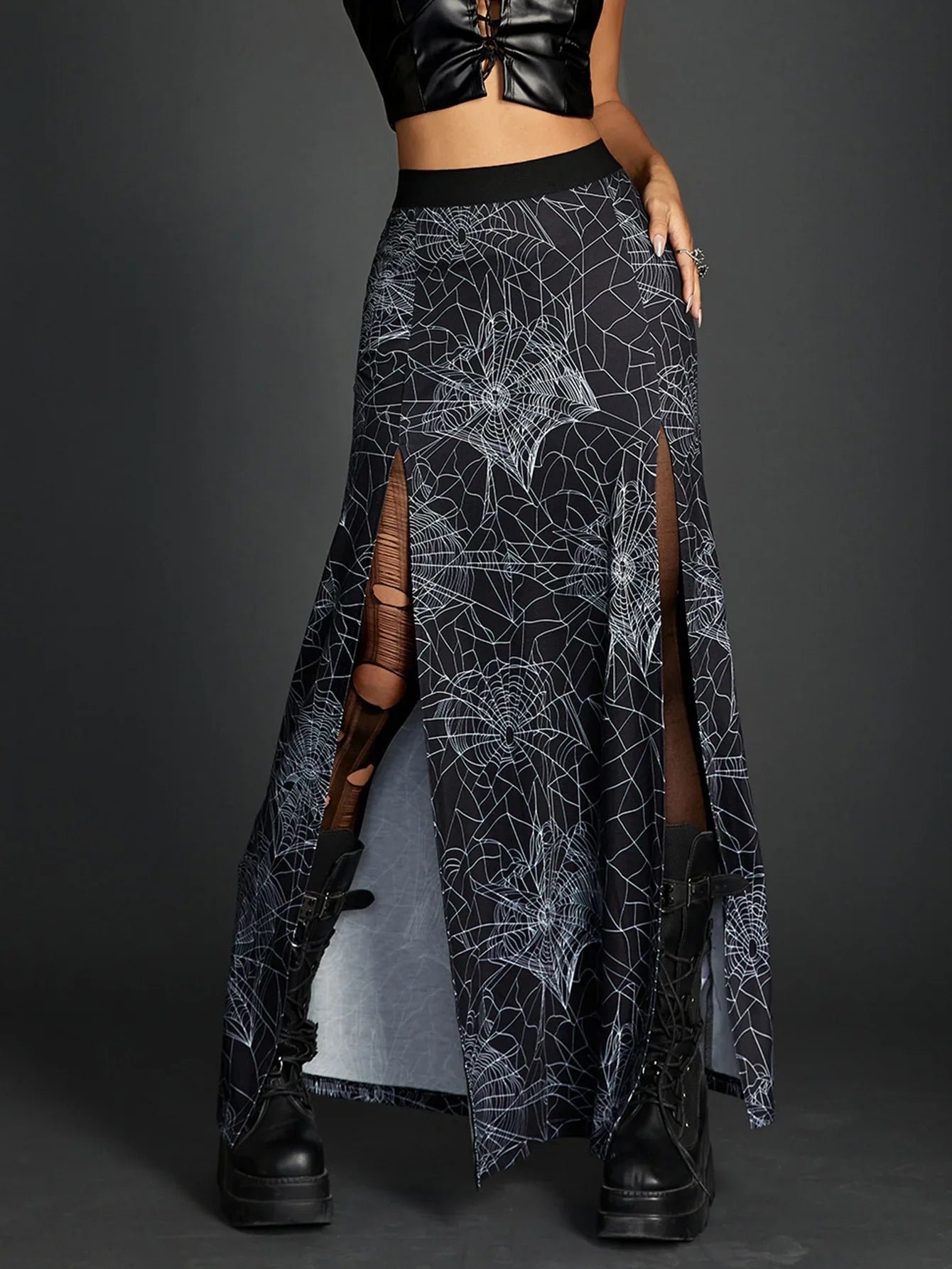 Beberino Gothic Spider Web Printed Split Skirt for Women