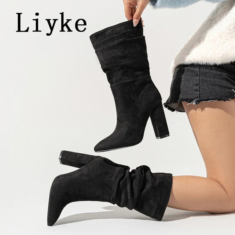 Beberino 10CM Square High Heels Boots - Black Pointed Toe Ankle Booties