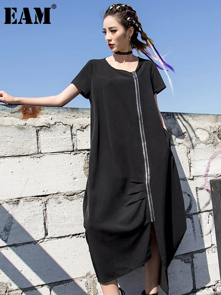 Beberino Black V-Neck Casual Dress | Irregular Loose Fit Short Sleeve Summer Fashion