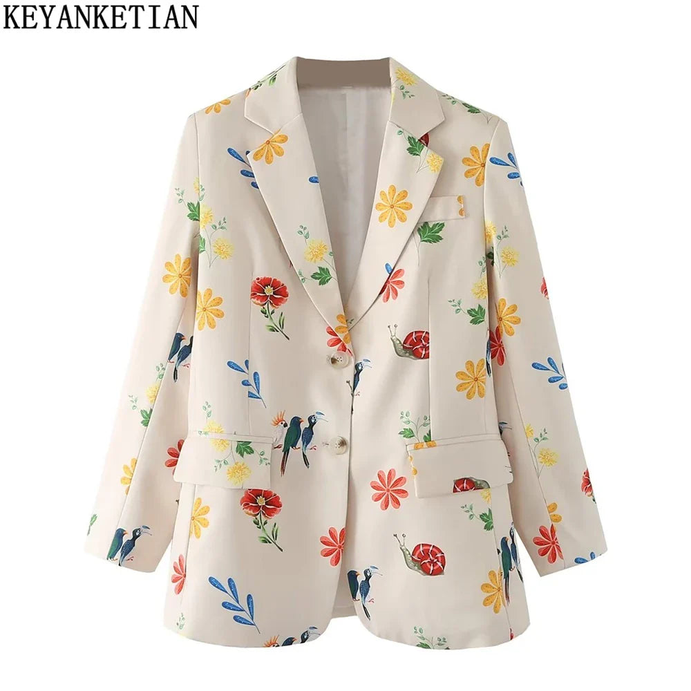 Beberino Printed Pastoral Style Suit Jacket with Single-Button Closure