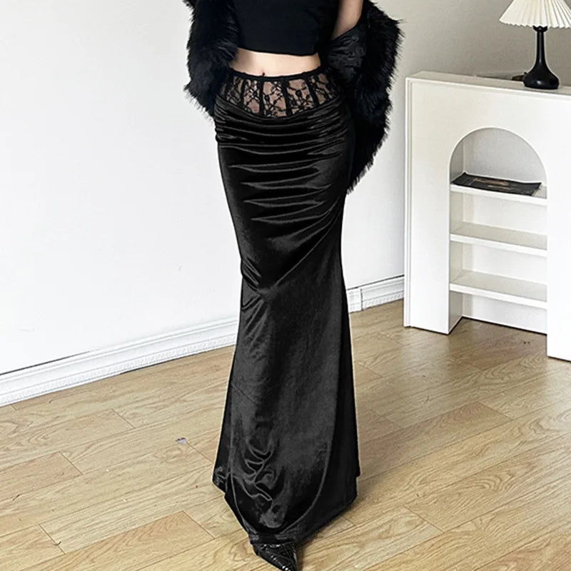 Beberino Velvet Trumpet Skirt: Elegant Gothic Lace Patchwork Y2k Black Mall Fashion