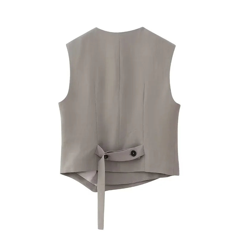 Beberino Grey V-Neck Asymmetrical Short Vest for Women: Chic Casual Slim Sleeveless Top