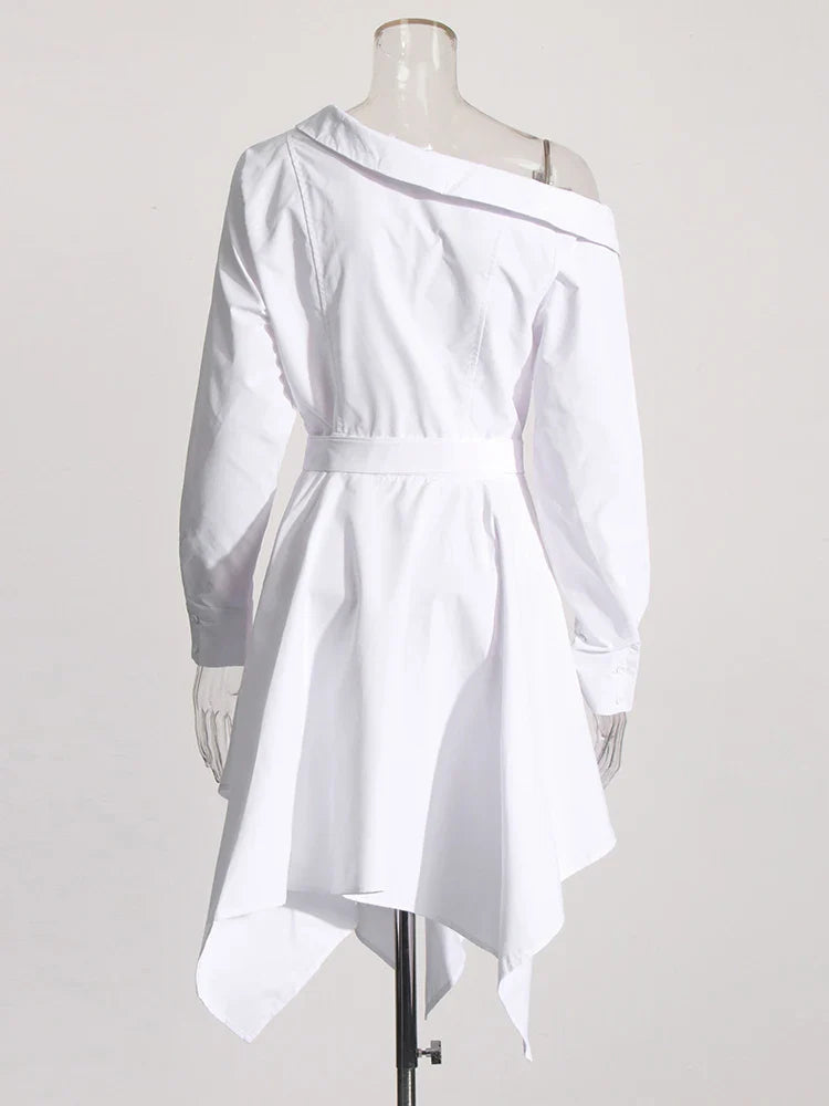 Beberino Diagonal Collar Belted Dress: Minimalist Patchwork Design with Irregular Hem