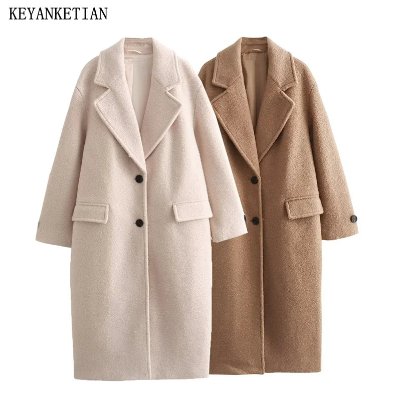 Beberino Long Woolen Coat: Elegant Notched Collar Single Breasted Winter Fashion Coat