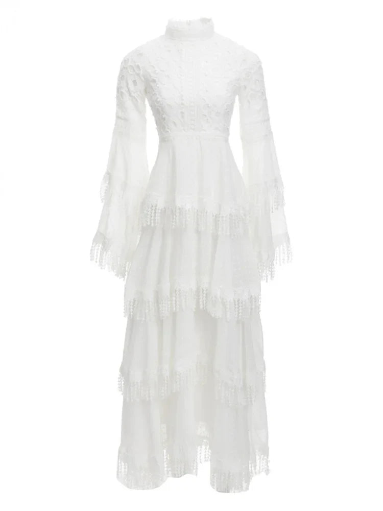 Beberino Stand Collar Tassel Dress - Flare Sleeve Tierred Summer Fashion