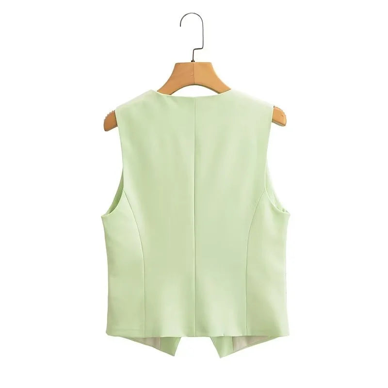 Beberino Light Green Deep V-Neck Slim Vest Women's Casual Asymmetrical Sleeveless Top