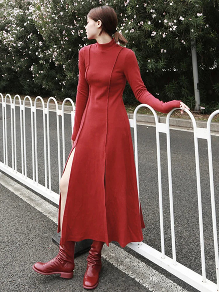 Beberino Red Turtleneck Irregular Long Dress with Hem Slit