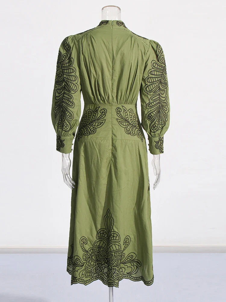 Beberino Embroidered Stand Collar Dress with Lantern Sleeves and Patchwork Design