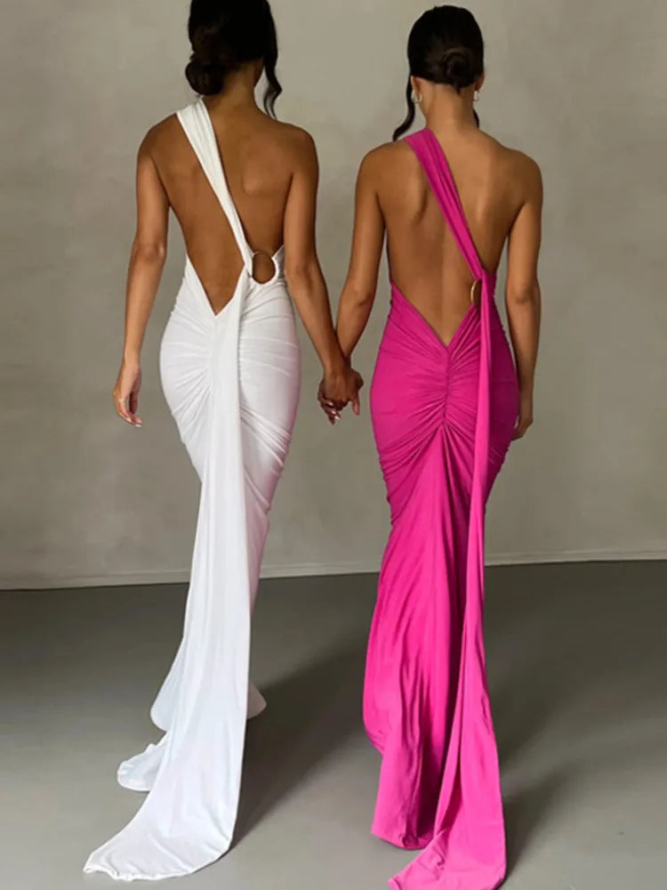 Beberino Oblique Shoulder Maxi Dress Women Summer Backless Ruched Party Gown