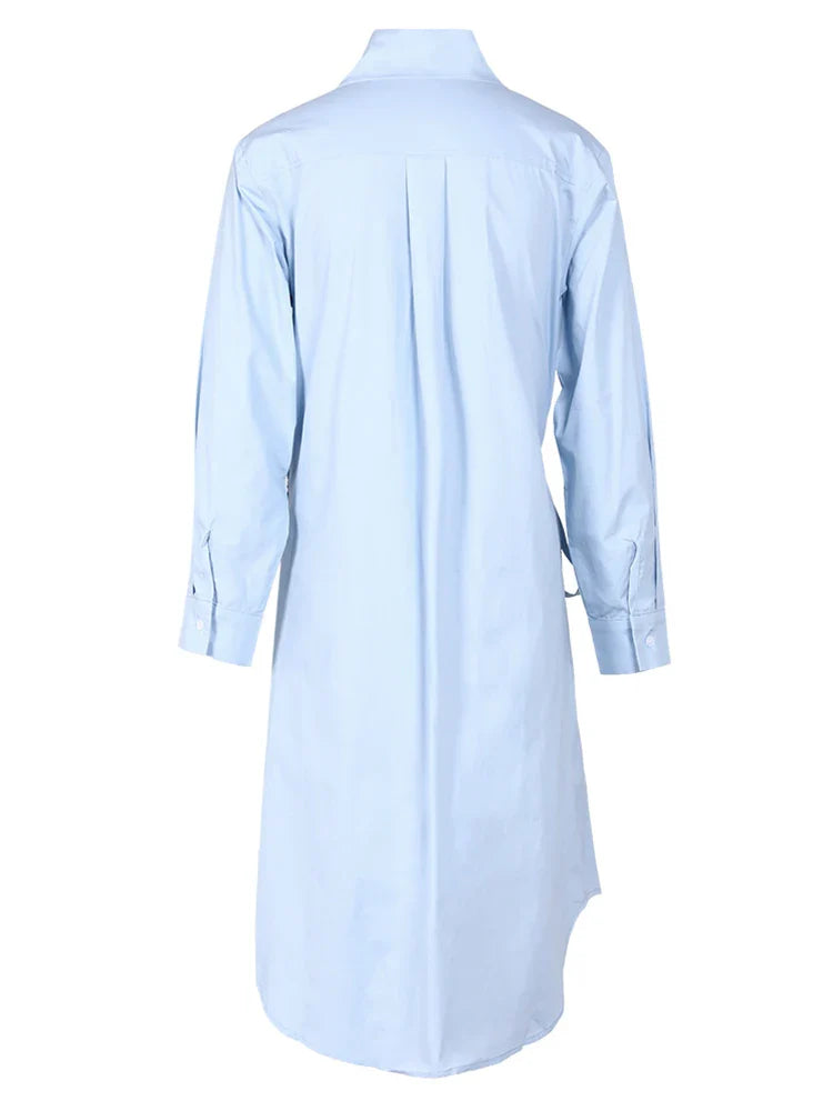 Beberino Blue Pleated Bandage Shirt Dress Lapel Long Sleeve Loose Fit Trendy Women's Fashion