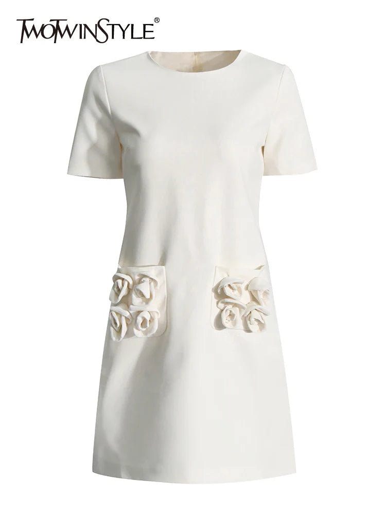 Beberino Elegant Applique Patchwork Dress, Round Neck, Short Sleeve, High Waist