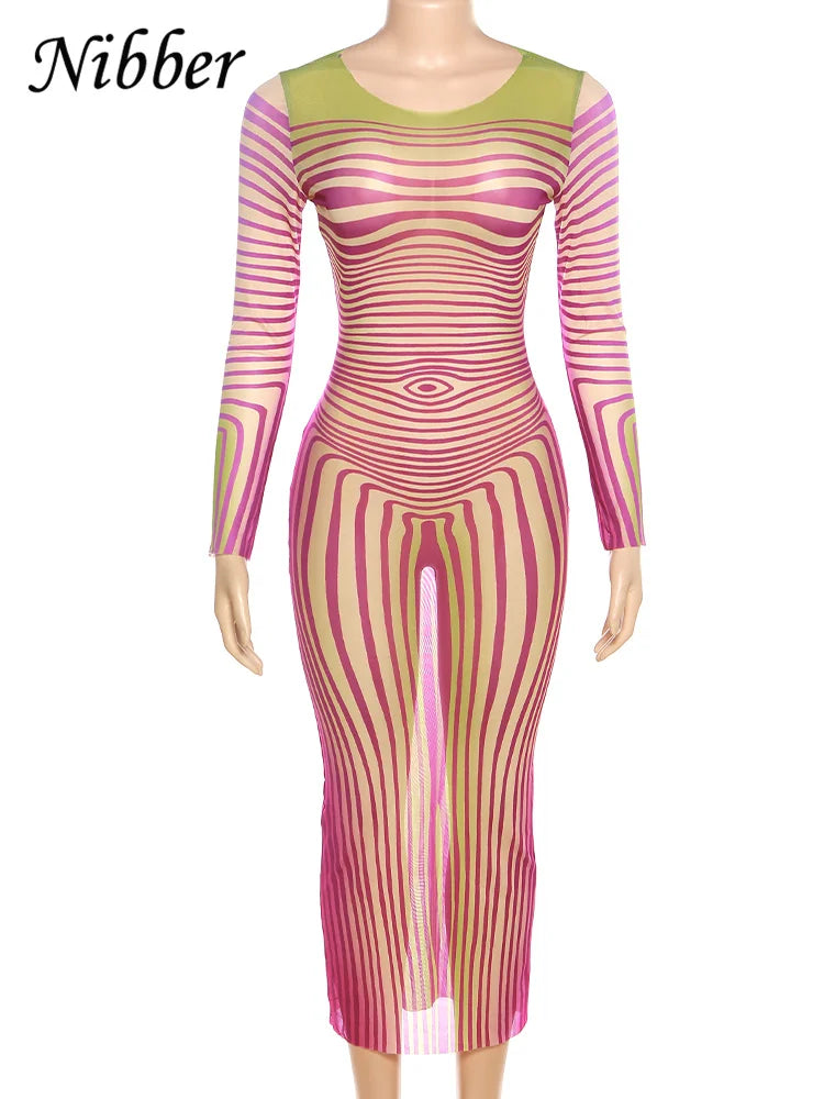 Beberino Mesh Striped Maxi Dress: Sheer, Elegant Streetwear for Women, O-Neck, Full Sleeves