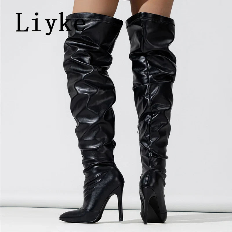 Beberino Cozy Thigh High Stiletto Boots: Pleated Leather, Pointed Toe, Zippered Motorcycle Shoes