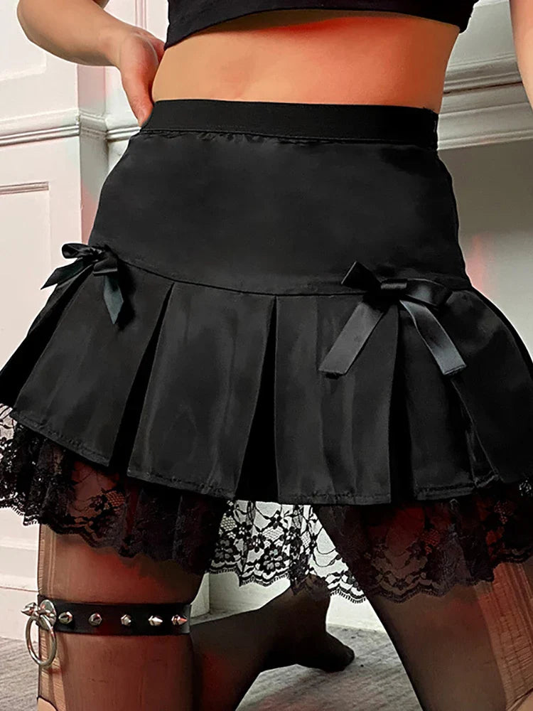 Beberino Gothic Lace High Waist Mini Skirt - Harajuku A-Line Patchwork Micro Skirt