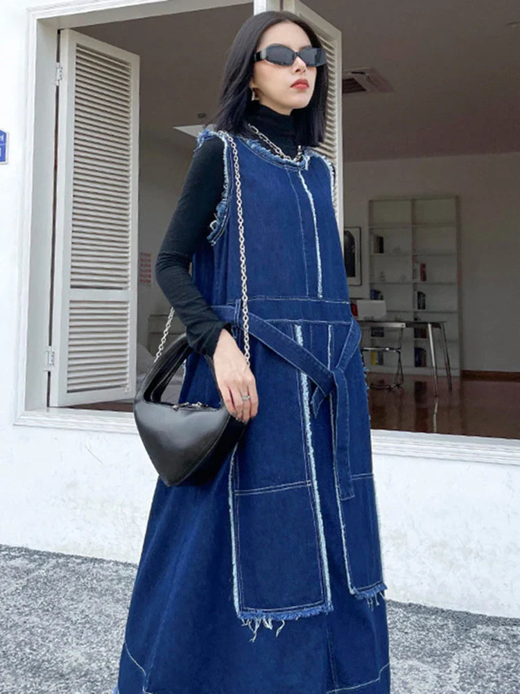 Beberino Blue Denim Long Dress Sleeveless Loose Fit Casual Fashion Spring 2024