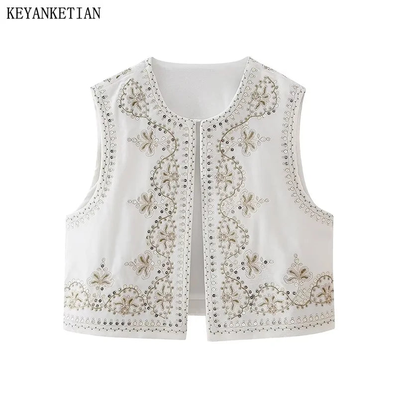 Beberino Holiday Velvet Sequined Waistcoat Sleeveless Crop Cardigan