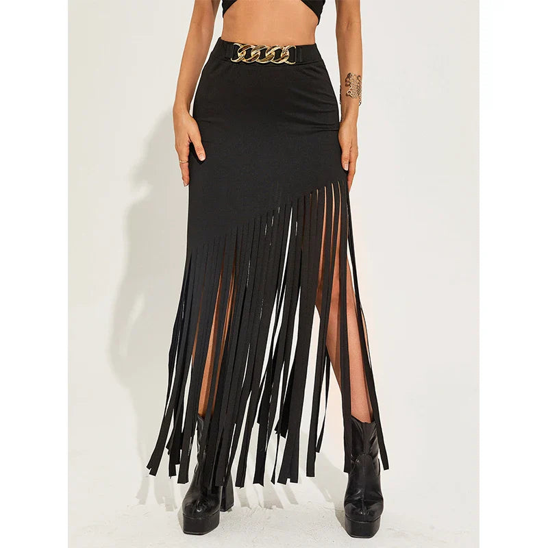 Beberino High Waist Tassel Maxi Skirt with Ring Belt for Gothic Streetwear