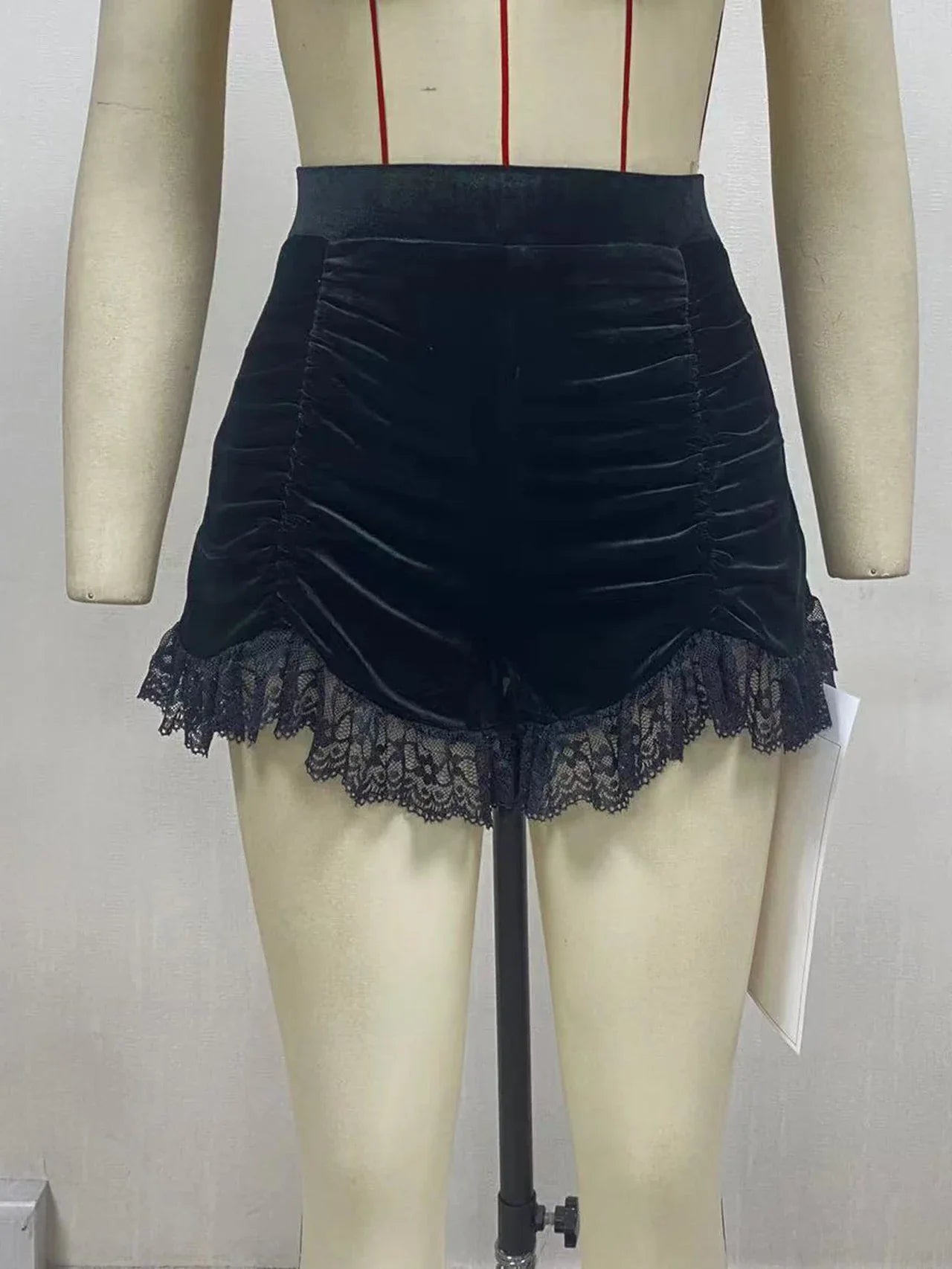 Beberino Gothic Velvet Ruched Lace Hem High Waist Shorts Skirts for Women