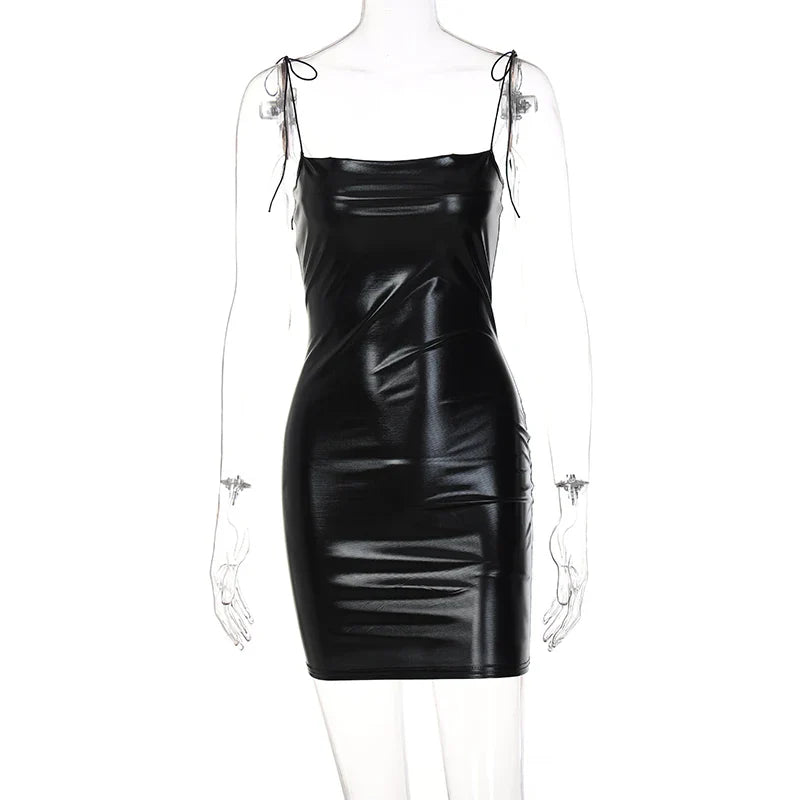 Beberino Sexy Sleeveless Black Pu Leather Bodycon Mini Dress for Party Club Streetwear Business