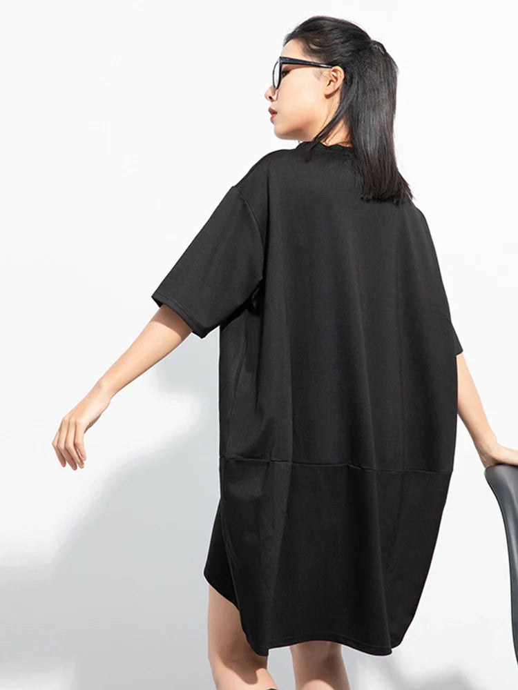 Beberino Black 3D Flower Big Size Dress Summer 2024 Trendy Round Neck Half Sleeve