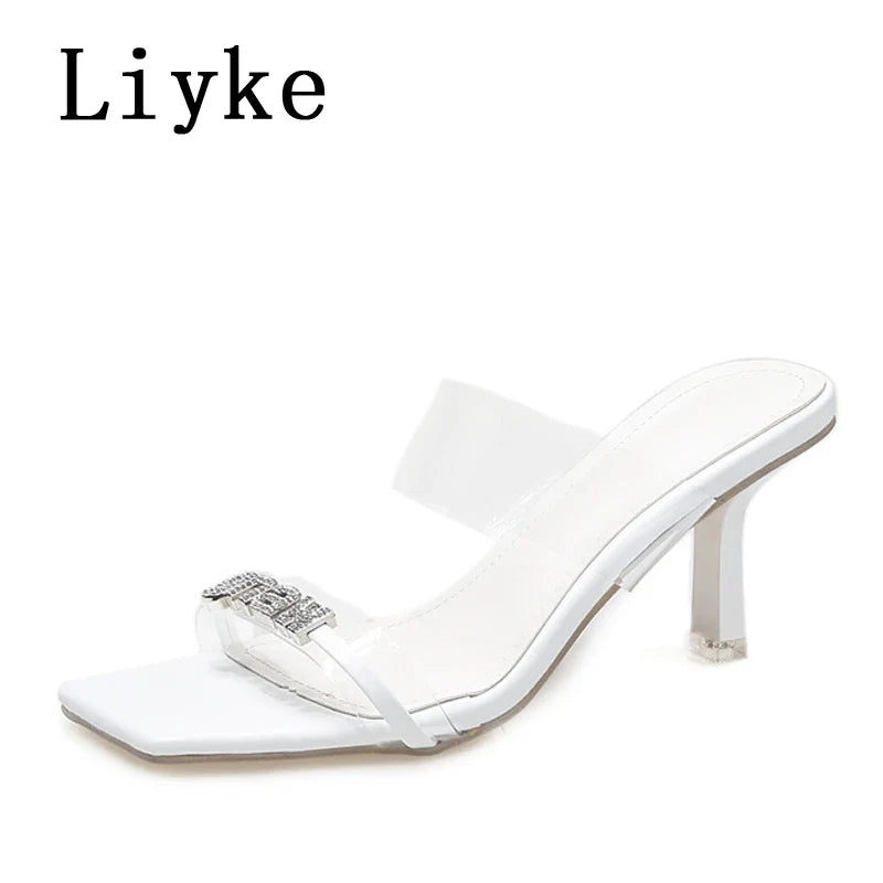 Beberino Crystal Buckle Summer Slides - Elegant White Thin Heel Sandal