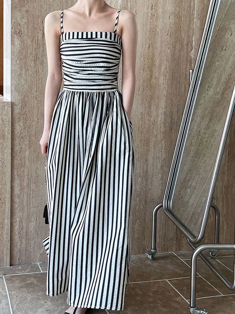 Beberino Sleeveless Black Striped Pleated Long Dress - Elegant & Chic Summer Fashion