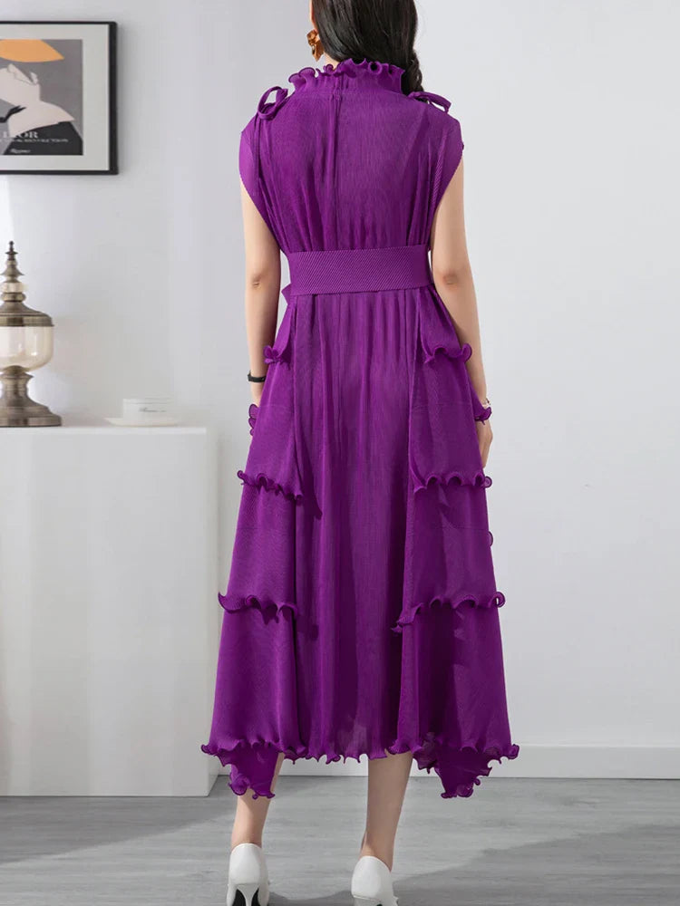 Beberino Ruffled Collar Sleeveless Summer Dress Elegant Mid-Length Solid Folds Women's Fashion