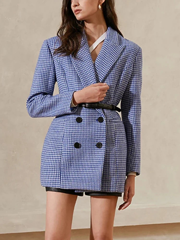 Beberino Plaid Dresses: Notched Collar Double Breasted Casual Dress with High Waist